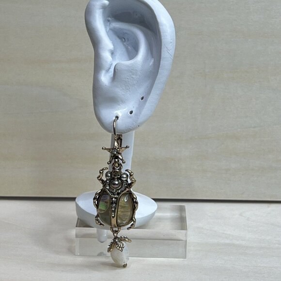 Scarab Beetle Earrings - Abalone Large Statement Jewelry Rhinestone Faux Pearl - Picture 2 of 8